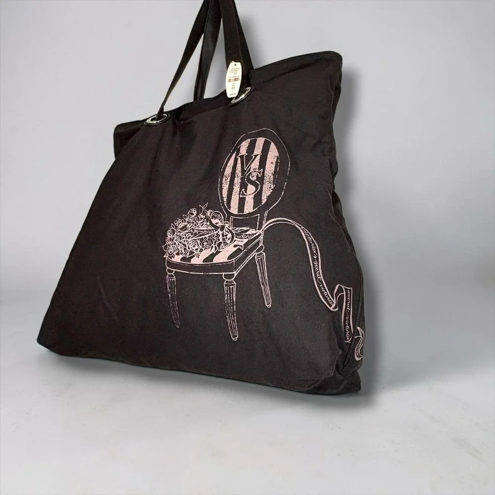 Victoria's Secret Black Canvas Tote Bag Pink Chair Graphic Oversized Shopper NEW